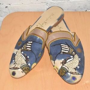 Michael Kors Blue and Tan Embroidered Mules